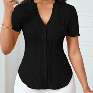 Ribbed Knit Button Down Top With Lace Sleeves