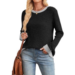 Long Sleeve Knit Sweater Top With Color Block Design And Loose Fit For Women